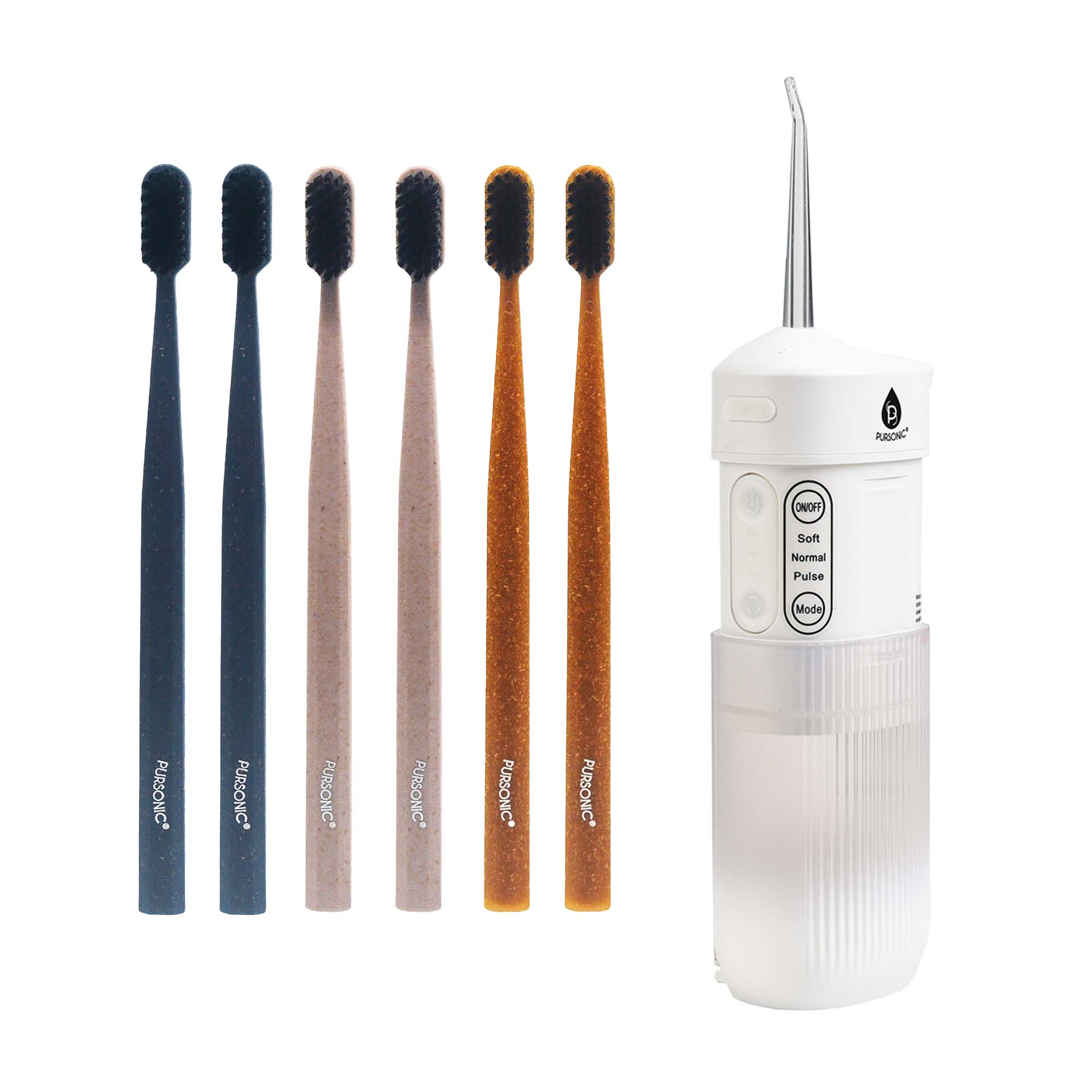 Pursonic Ultimate Oral Care Bundle: USB Rechargeable Collapsible Water Flosser & Wide Brush Head Charcoal Toothbrush DC-PURSONIC