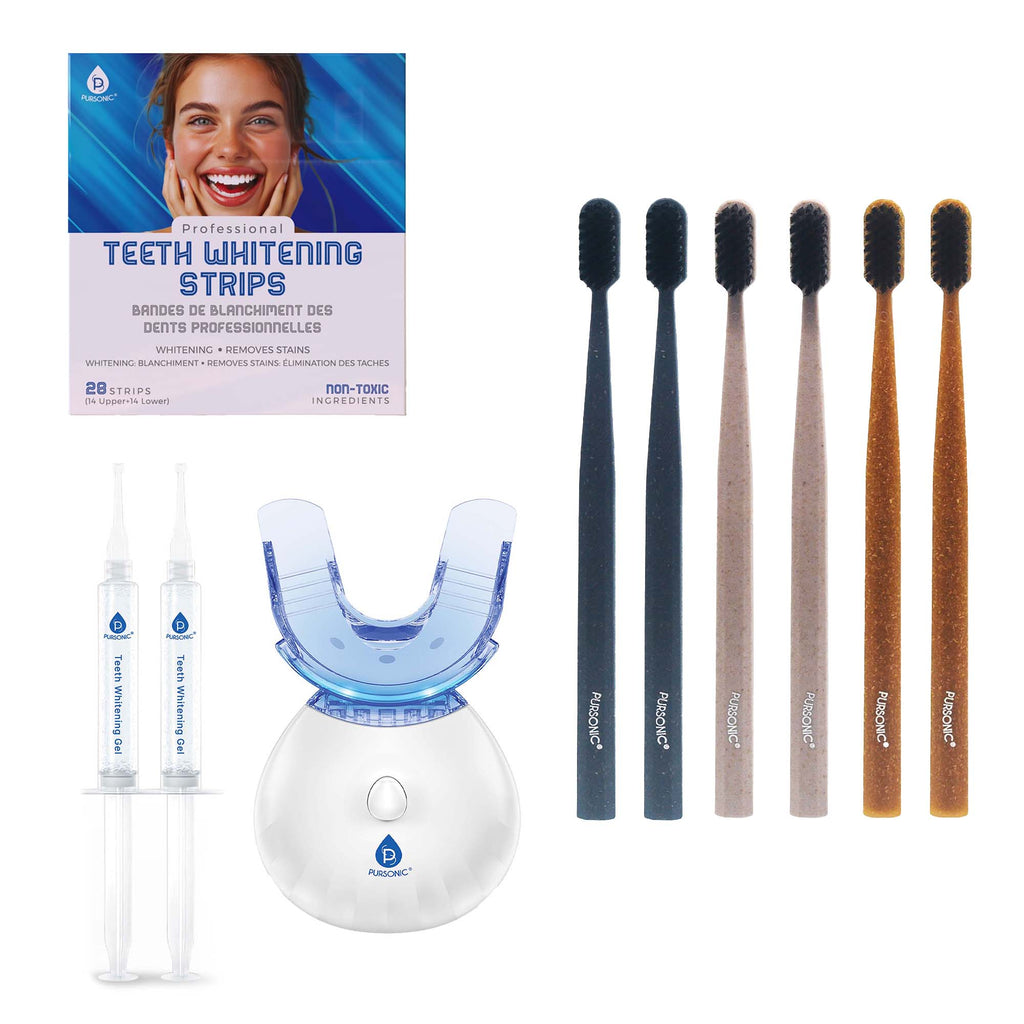 Pursonic LED Teeth Whitening Solution, Whitening Strips & Charcoal Toothbrush Bundle DC-PURSONIC