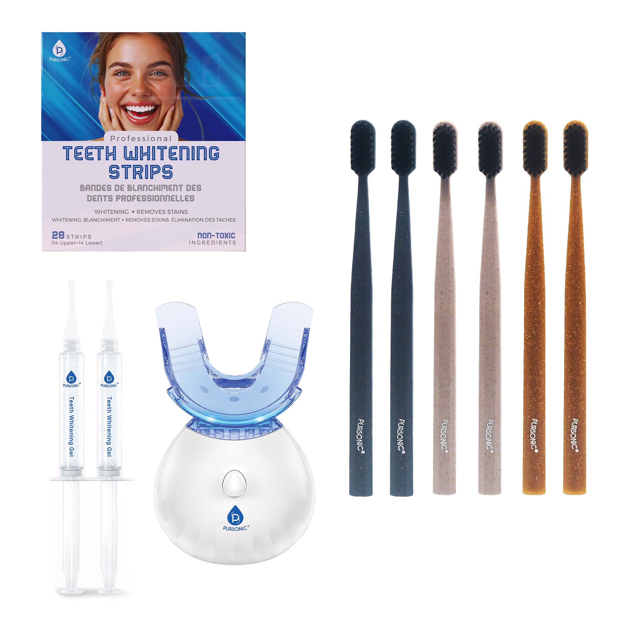 Pursonic LED Teeth Whitening Solution, Whitening Strips & Charcoal Toothbrush Bundle DC-PURSONIC